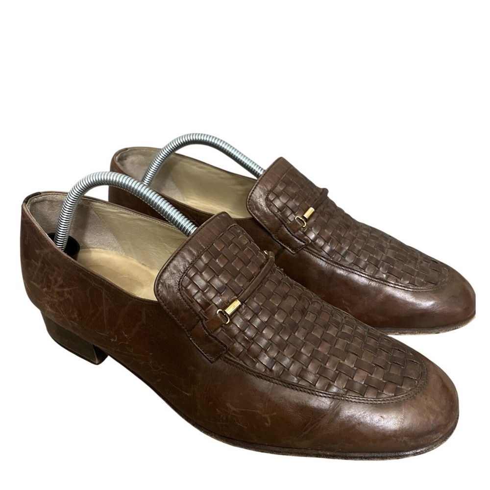 Pucci Loafers Mens 10 Brown Woven Leather Gold Bar Slip On Made in Italy Vintage